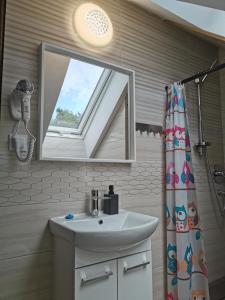 a bathroom with a sink and a mirror at Pokoje Zacisze Leśne in Stegna