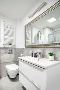 a bathroom with a sink and a toilet and a mirror at Apartament AP4 in Mielno