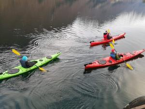 tres personas en kayaks en un cuerpo de agua en Hansali Holiday Home, en Fjærland