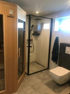 ein Badezimmer mit Dusche und Toilette in der Unterkunft Apartament Ratvika in Ålesund