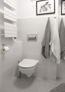 La salle de bains blanche est pourvue de toilettes et de serviettes. dans l'établissement Przy Brzegu - Hel studio, à Hel