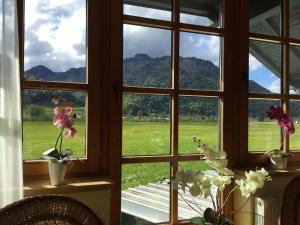 okno z widokiem na pole i góry w obiekcie Ferienwohnung Orchidee w mieście Kössen