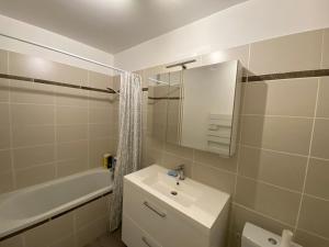 a bathroom with a sink and a mirror and a tub at Appartement Parc de Fresnoy in Roye