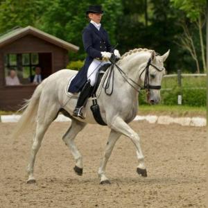 a woman is riding on a white horse at Hotel Gut Moschenhof in Düsseldorf