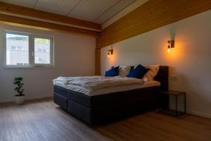 Un dormitorio con una cama grande con almohadas azules. en Velo & Wohnen -NEU- Elektroräder inklusive - Sauna, en Traben-Trarbach