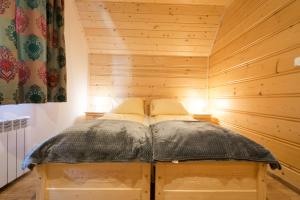Łóżko lub łóżka w pokoju w obiekcie DW KINGA & DOMKI na Granicznej z jacuzzi