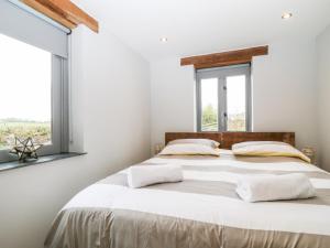 een slaapkamer met een groot bed en 2 ramen bij Downicary Chapel Stable in Saint Giles on the Heath