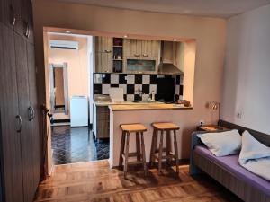 a kitchen with a counter and two bar stools at Apartmani Ristić in Niška Banja