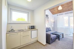 a kitchen with a sink and a couch in a room at Vila Kastytis in Nida