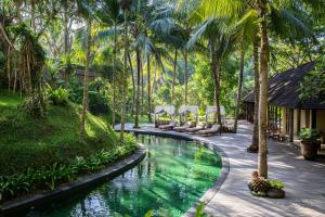 einen Pool in einem Resort mit Palmen in der Unterkunft Komaneka at Bisma Ubud in Ubud