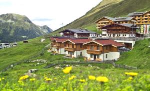 a group of buildings on a hill with a field of flowers at Alpenchalets - Obholzer in Kühtai