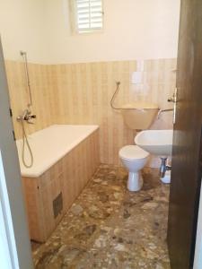 a bathroom with a tub and a toilet and a sink at Seaside Stay Rošić 2 in Ivan Dolac