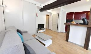 a living room with a couch and a tv at Appart Hôtel Sens hypercentre in Sens