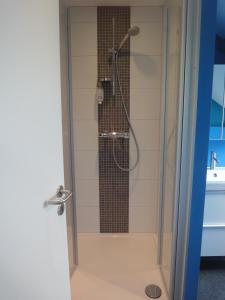 ラ・ロシュ・アン・アルデンヌにあるGite des Evêtsのバスルーム(ガラスドア付きのシャワー付)