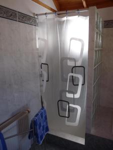 La salle de bains est pourvue d'une douche avec un rideau de douche blanc. dans l'établissement Finca La Paz, à Puntagorda 15 autres photos