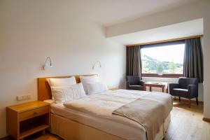 Habitación de hotel con cama, escritorio y ventana en Hotel Berghof, en Seefeld in Tirol