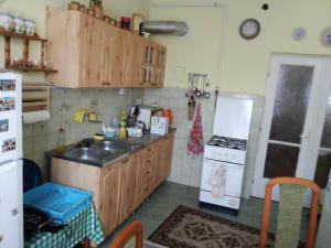 a kitchen with a sink and a stove and a refrigerator at Öregakác Vendégház in Tiszaladány