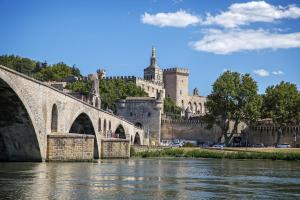 un pont sur une rivière avec un château en arrière-plan dans l'établissement Avignon Appart Hôtel contemporain au calme avec vue, à Rochefort-du-Gard