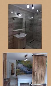 ein Bad mit einem Waschbecken und einem Spiegel in der Unterkunft Casa Bambus Sovata 1 in Sovata
