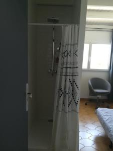 uma casa de banho com uma cortina de chuveiro num quarto em Cath's place em Toulon
