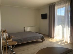 1 dormitorio con cama y ventana grande en Апартаменты центр Солнечное Закарпатье en Polyana