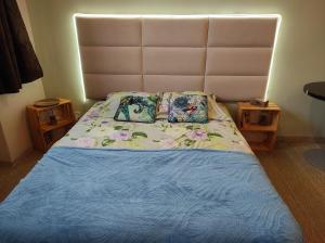 uma cama com um cobertor azul e duas almofadas em Redkot 40A em Zielona Góra