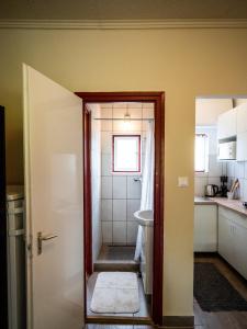 baño pequeño con ducha y lavamanos en Liget Holiday Home en Fonyód