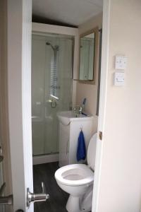 a bathroom with a white toilet and a shower at Chalet Wanama. Gelegen op het vakantiepark Het Lierderholt op de veluwe. in Beekbergen