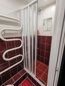 a shower in a bathroom with red tiles at R&J Apartment II in Panevėžys