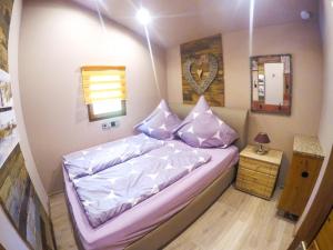 拉恩斯坦的住宿－Ferienhaus auf der Schleuseninsel，小卧室配有一张带紫色床单和枕头的床