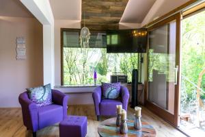 拉恩斯坦的住宿－Ferienhaus auf der Schleuseninsel，客厅配有紫色椅子和电视