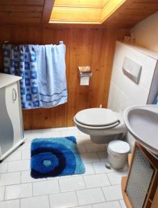 La salle de bains est pourvue de toilettes et d'un tapis bleu. dans l'établissement Ferienwohnung Aigner, à Bischofswiesen