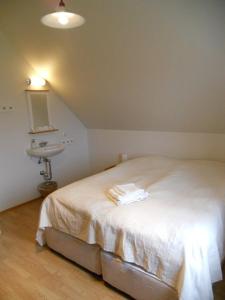 Dormitorio pequeño con cama y lavamanos en Eystri-Solheimar, en Vík