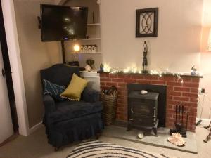 sala de estar con chimenea, silla y TV en Lynn Cottage, en East Linton