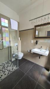 a bathroom with a sink and a toilet and a mirror at Hotel Osteria Del Vino Cochem in Cochem