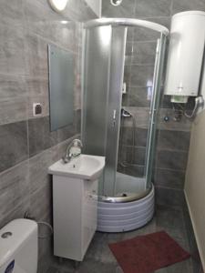 a bathroom with a shower and a toilet and a sink at Oleandria-,, Domek Mięta" in Biskupiec