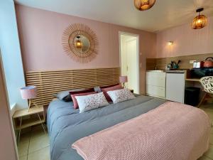 1 dormitorio con 1 cama con paredes de color rosa y espejo en Le Cocon, en Bayeux