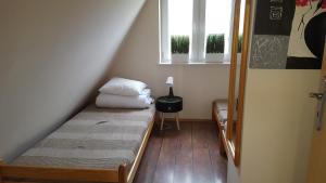 a small room with a bed and two windows at Domek pod Widetą in Smerek