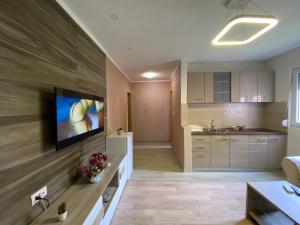 a kitchen with a flat screen tv on a wall at Apartmani Zecevic in Budva