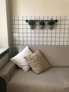 um sofá com três vasos de plantas na parede em Appartamento i Tulusan a due passi dalle Langhe em Narzole