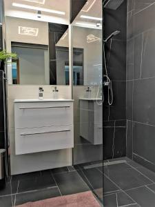 W łazience znajduje się biała umywalka i prysznic. w obiekcie Otium Wellness Apartmanház w mieście Balatonakarattya
