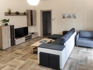 a living room with a couch and a tv at Trika Apartman in Sárvár