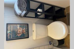 a bathroom with a toilet and a picture on the wall at Coorie Doon Cabin! Great Scottish Welcome in Fort Augustus +24 photos