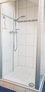 La salle de bains est pourvue d'une douche avec une porte en verre. dans l'établissement Antje's Ferienwohnung Rastede, à Rastede