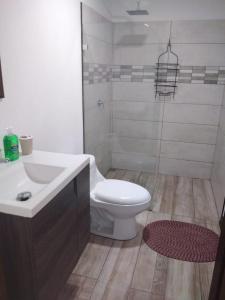a bathroom with a toilet and a sink and a shower at Casa Linda in Uvita +22 photos
