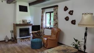 a living room with a chair and a fireplace at DOMEK POD DĘBEM in Mielnik