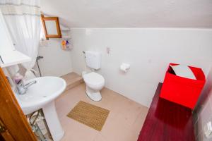 een badkamer met een wit toilet en een wastafel bij villa Touzla in Ofrínion +51 foto's
