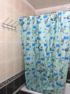 a shower curtain in a bathroom withautical items on it at ArArAt-SHULYAVSKAYA Hostel KYIV in Kyiv
