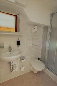 a bathroom with a toilet and a sink at Hotel Bernina Hospiz in Berninahäuser