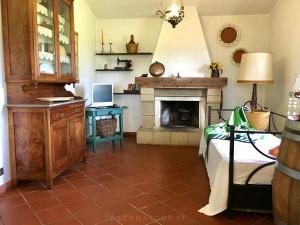 a room with a fireplace and a bed and a desk at Cottage I Ciliegi with aircon, fenced garden by ToscanaTour in Cecina